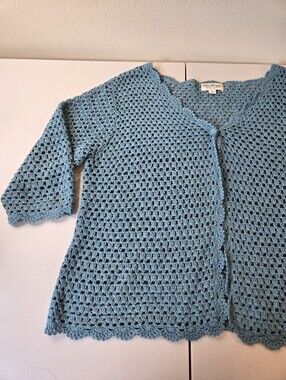 Norm Thompson Teal Blue Linen Cotton Blend Crochet Sweater Cardigan 1X